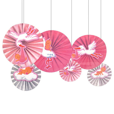 Adorno Abanico Baby Shower Rosado 6 Piezas