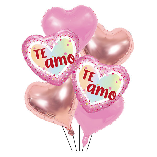 GLOBO MYLAR "TE AMO" CORAZON ROSADO/DORADO   6 PIEZAS