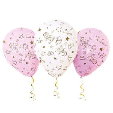 Globo R12 Bautizo Niña Rosado Blanco 25 Unidades