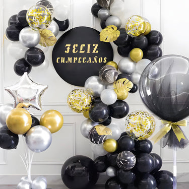 Arco Globos Organicos F.C Dorado/Negro/Plateado 57 Piezas