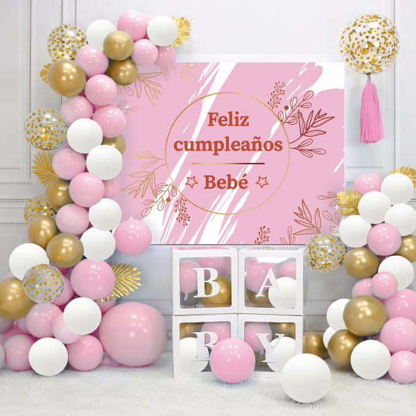 ARCO GLOBOS ORGANICOS BABY SHOWER ROSADO   57 PIEZAS