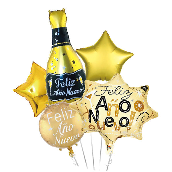 GLOBO MYLAR BOTELLA FELIZ AÑO DORADO   5 PIEZAS