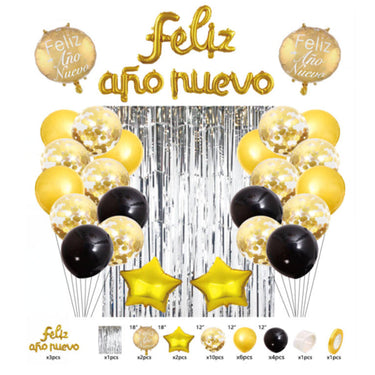 Set Globo Mylar/Banner/Cortina Feliz Año Golden Black 30 Piezas