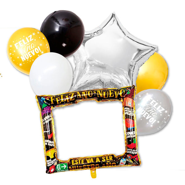 SET GLOBO MYLAR/BANNER/SELFIE FELIZ AÑO   7 PIEZAS