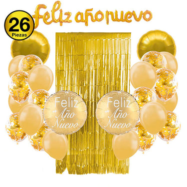 Set Globo Mylar/Banner/Cortina Feliz Año Dorado 30 Piezas
