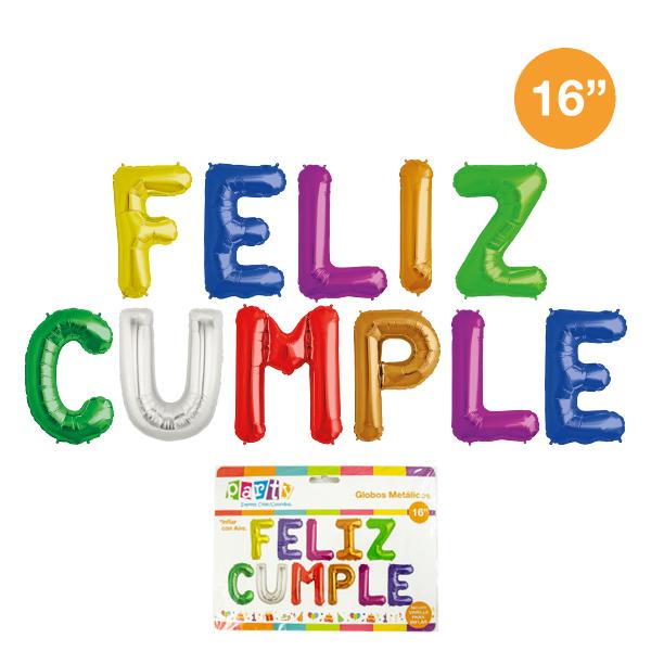 GLOBOS METALIZADOS LETRAS FELIZ CUMPLE 16" MULTICOLOR