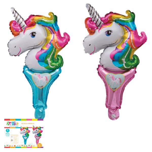 SET GLOBOS METALIZADOS 6 UNICORNIOS CON BASE